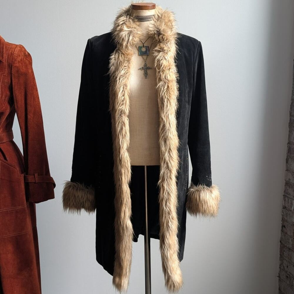 Vintage Leather Penny Lane Jacket Faux Fur Furry 70s Afghan Tapestry Trench Coat - Picture 8 of 16